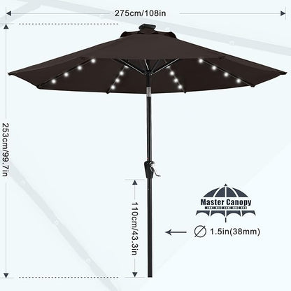 MASTERCANOPY 9FT 8Ribs Patio Umbrella with 32 Solar LED Lights, Outdoor Market Umbrella with Tilt & Crank, UV Protection & Fade Resistant Fabric, Easy Set-Up for Garden, Deck, Pool (Brown)