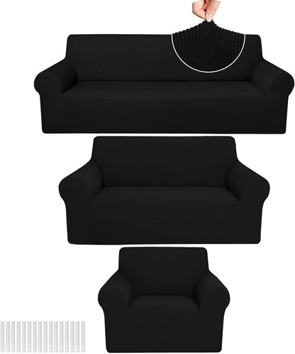 Peryiter 3 Pcs Couch and Loveseat Sofa Covers,Black,Fleece | Armchair Covers for Living Room, Sofa Cushion Slipcover, Furniture Protector, Polyester and Spandex, Washable