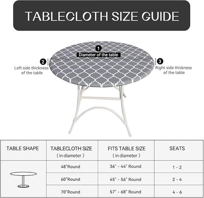 Romanstile Round Fitted Vinyl Tablecloth with Elastic Edge 100% Waterproof | Table Covers for 36"- 44" Tables, Wipeable Flannel Backed Plastic Table Cloths for Dinner Picnic Camping, GreyMoroccan