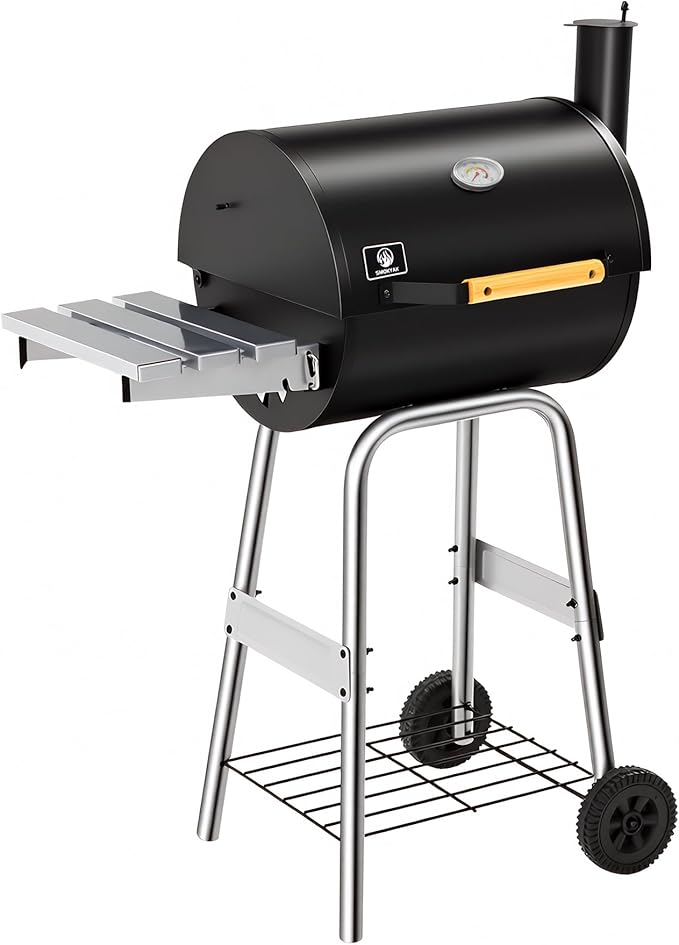 Barrel Charcoal Grill, Outdoor BBQ Smoker, Large Cooking Area, Adjustable Charcoal Pan, Warming Rack, Front & Side Table, Storage Shelf, Enameled Steel Wire, Backyard Camping Grill (Small)