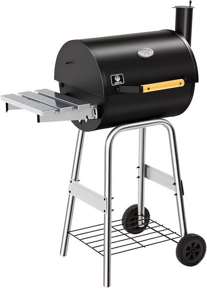 Barrel Charcoal Grill, Outdoor BBQ Smoker, Large Cooking Area, Adjustable Charcoal Pan, Warming Rack, Front & Side Table, Storage Shelf, Enameled Steel Wire, Backyard Camping Grill (Small)