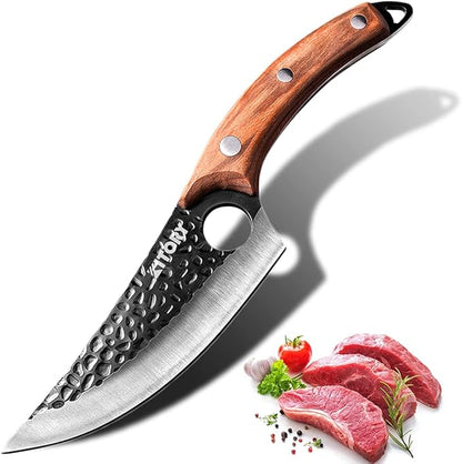 Kitory Butcher Knife for Meat Cutting, Hand Forged Viking Boning Knife with Ergonomic Wood Handle, High Carbon Steel Chinese Chef Knife for Camping, Outdoor, BBQ, Birthday Gift for Men