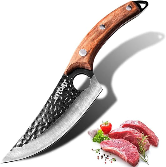 Kitory Butcher Knife for Meat Cutting, Hand Forged Viking Boning Knife with Ergonomic Wood Handle, High Carbon Steel Chinese Chef Knife for Camping, Outdoor, BBQ, Birthday Gift for Men
