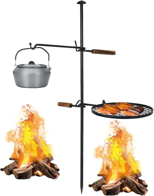 2-in-1 Adjustable Swivel Campfire Grill, Heavy-Duty Portable Charcoal Grill for Camping BBQ, Outdoor Barbecue Grill with Detachable Baking Pan and Grilling Rack,A-1