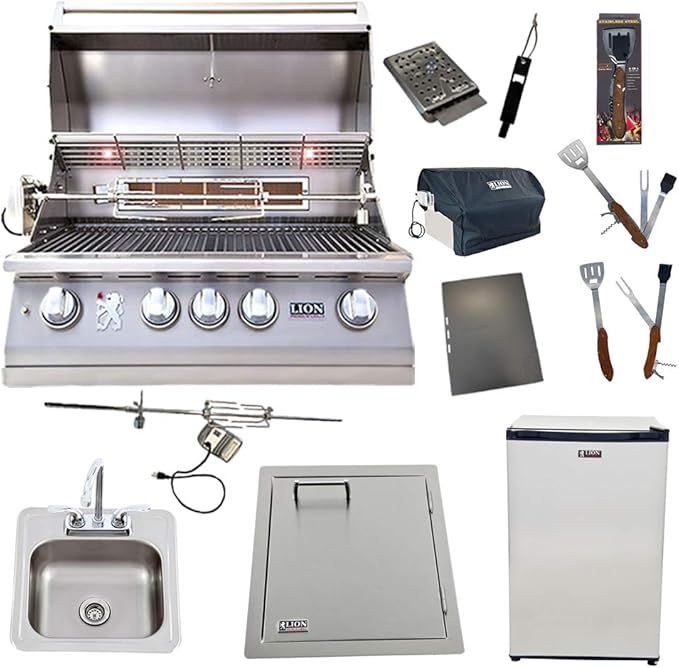 Lion 32-Inch Natural Gas Grill L75000 with Refrigerator and Vertical Door with Towel Rack and Drop-In Sink and 5 in 1 BBQ Tool Set Best of Backyard Package Deal