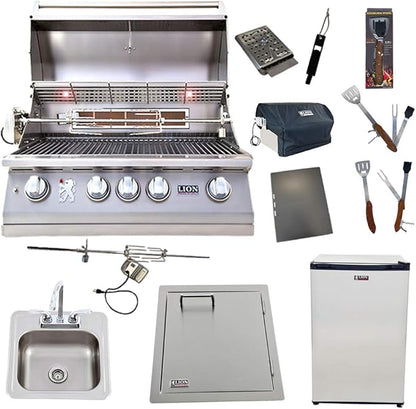 Lion 32-Inch Natural Gas Grill L75000 with Refrigerator and Vertical Door with Towel Rack and Drop-In Sink and 5 in 1 BBQ Tool Set Best of Backyard Package Deal