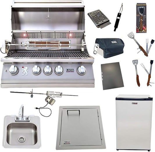 Lion 32-Inch Natural Gas Grill L75000 with Refrigerator and Vertical Door with Towel Rack and Drop-In Sink and 5 in 1 BBQ Tool Set Best of Backyard Package Deal