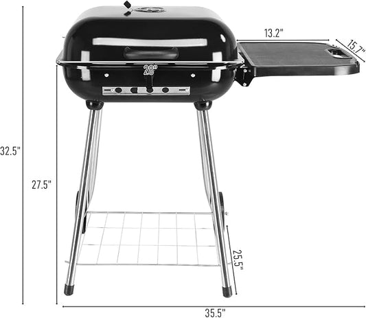 28" Portable Charcoal Grill with Wheels and Foldable Side Shelf, Large BBQ Smoker with Adjustable Vents on Lid for Outdoor Party Camping Picnic