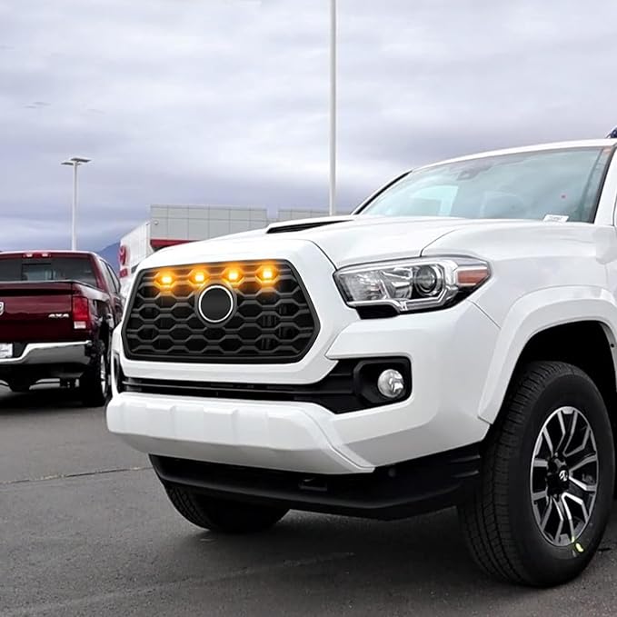 Seven Sparta 4 PCS Grill Led Lights with Fuse Adaptor Compatible with 2020-2023 Toyota Tacoma TRD Off Road & Sport OEM Front Grille, Half-Cover (Amber Light with Black Shell)