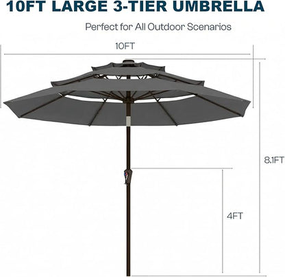10ft Patio Umbrella, 3 Tier Outdoor Market Table Umbrellas with 8 Fiberglass Ribs and Push Button Tilt, Windproof, Vented Canopy, UV Protection for Deck, Pool, Backyard
