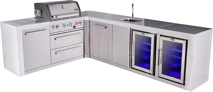 Mont Alpi Premium 4-Burner 82"x113" L-shaped 400 Deluxe Stainless Steel Modular Outdoor Kitchen Island BBQ Gas Grill + Beverage Center Refrigerator Faucet & Sink + Storage Drawers & Cabinets + Cover