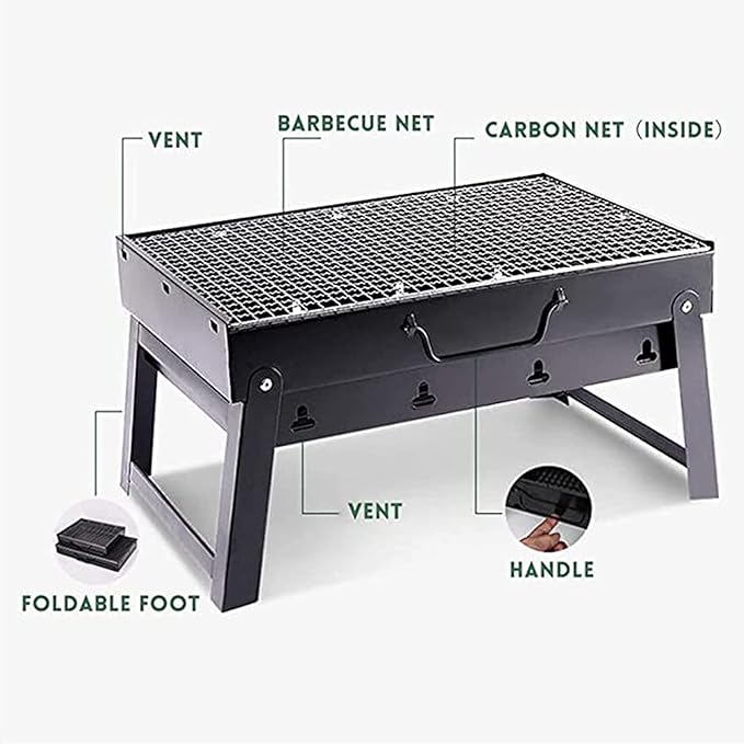 IRYZE Portable Charcoal Grill Charcoal BBQ Grill Stainless Steel BBQ Foldable Portable Outdoor Cooking Camping Hiking Picnic BBQ Grill for Outdoor (Color : Black, Size : 35x27x20cm)