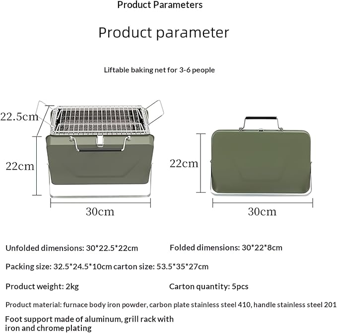 Portable Charcoal BBQ Grill, Foldable Suitcase Style, Adjustable Grill Rack, for Camping, Picnic, and Outdoor Use