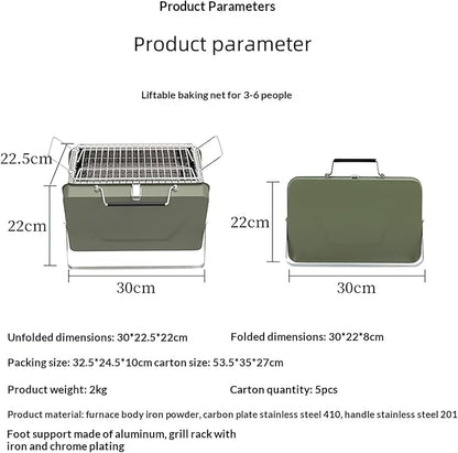 Portable Charcoal BBQ Grill, Foldable Suitcase Style, Adjustable Grill Rack, for Camping, Picnic, and Outdoor Use