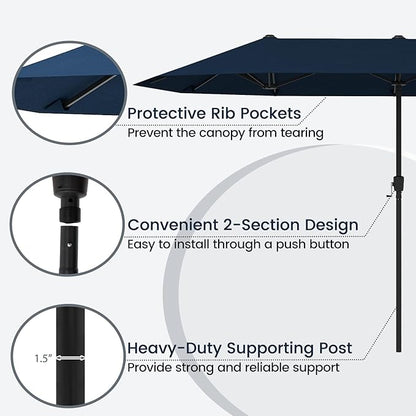 Tangkula 13 FT Large Patio Umbrella, Outdoor Double-Sided Table Market Umbrella w/Crank Handle, 12 Heavy-Duty Ribs, Sun-Protective Rectangular Twin Parasol for Garden Deck Lawn Poolside (Navy)