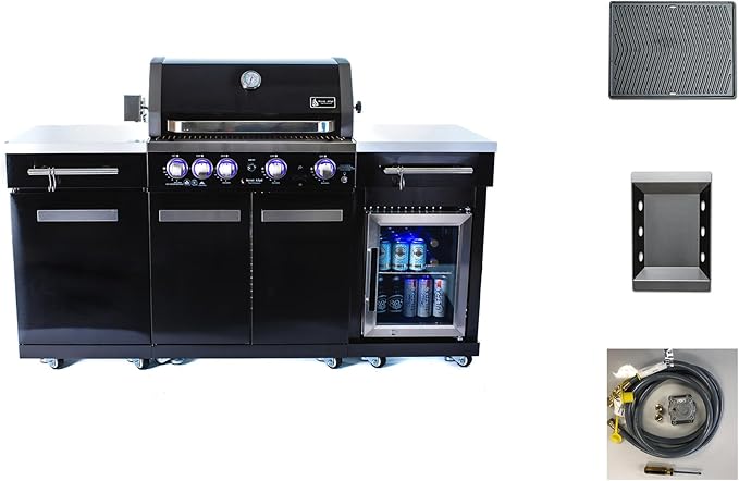 Mont Alpi Premium 70"W Black Stainless Steel Outdoor Kitchen Island BBQ Gas Grill with Compact Refrigerator & Rotisserie Burner + Dual Sided Griddle Plate + Charcoal Tray + Natural Gas Conversion Kit