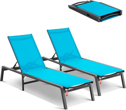 VEVOR 2 Pcs Chaise Lounge Chairs Outdoor, Aluminum Patio Lounge Chair with Adjustable 5-Position, Folding Pool Chairs Recliner and Full Flat Tanning Chair for Patio, Beach, Pool, Blue, 2 pcs