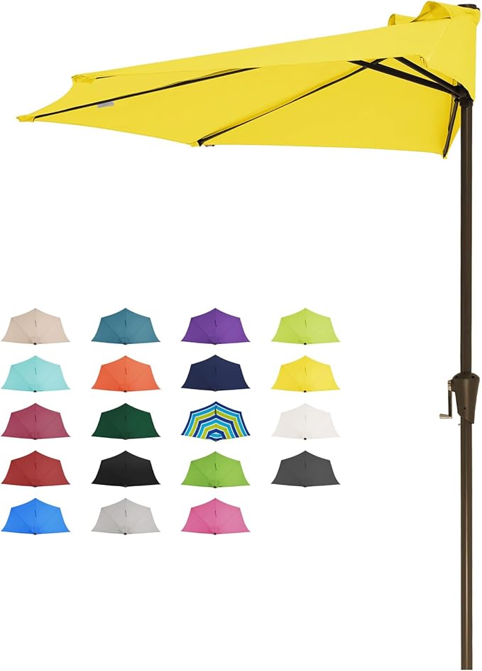 JEAREY 9ft Half Umbrella Outdoor Patio Umbrella Market Umbrellas with Crank, 1/2 Round Wall Umbrella 5 Sturdy Ribs UV Protection for Pool Garden Balcony Deck, Yellow