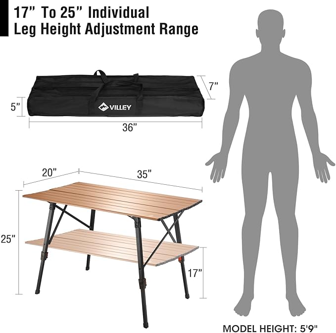 VILLEY Portable Camping Table with Adjustable Legs, Lightweight Aluminum Folding Beach Table with Carrying Bag for Outdoor Cooking, Picnic, Beach, Backyards, BBQ and Party - Gold