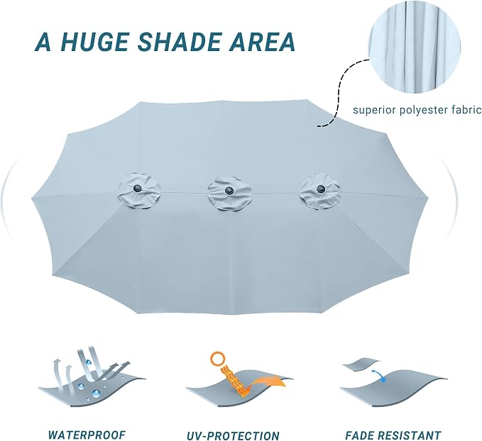 15ft Patio Umbrella with Base, 10-Year-No-Fade Large Outdoor Double-Sided Market Umbrella with UPF50+Terylene Polyester Fabric and Crank for Poolside Garden Deck Backyard Beach Pools