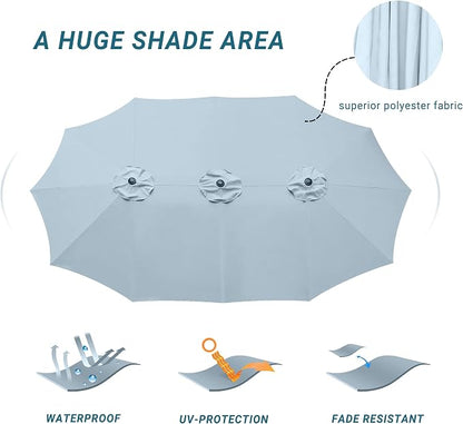15ft Patio Umbrella with Base, 10-Year-No-Fade Large Outdoor Double-Sided Market Umbrella with UPF50+Terylene Polyester Fabric and Crank for Poolside Garden Deck Backyard Beach Pools