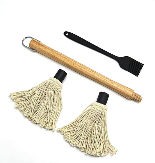 15.5in Basting Mop Brush for BBQ Grilling - Wooden Handle Detachable with 2 Replacement Heads &Silicone Brush - Grill Tools for Outdoor Cooking, Camping, Smoking