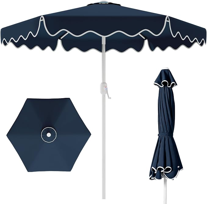 AreShark 9FT Outdoor Patio Umbrella with Wavy Trim (Navy) | Market Table Umbrellas w/ 6 Sturdy Ribs, Crank & Tilt, White Pole, Pool Umbrella with UV-Fade Resistant Fabric, Heavy Frame