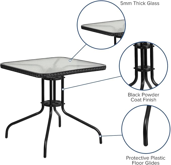 Flash Furniture Barker 28'' Square Tempered Glass Metal Table with Black Rattan Edging