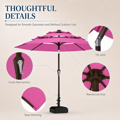 10ft Patio Umbrella, 3-Tier Vented Outdoor Table Umbrella with 8 Sturdy Fiberglass Ribs, Windproof Market Umbrella with Push Button Tilt and Crank, UV Protection for Deck, Pool, Rose Pink