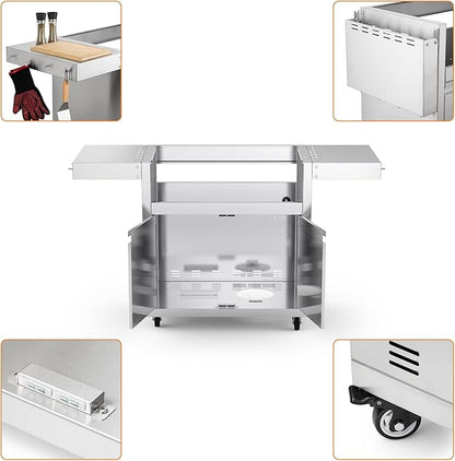 Stainless Steel Grill Cart for Hygrill 4-Burner Built-In Gas Grill, Outdoor Kitchen Island with Foldable Side Shelves and Storage Cabinet
