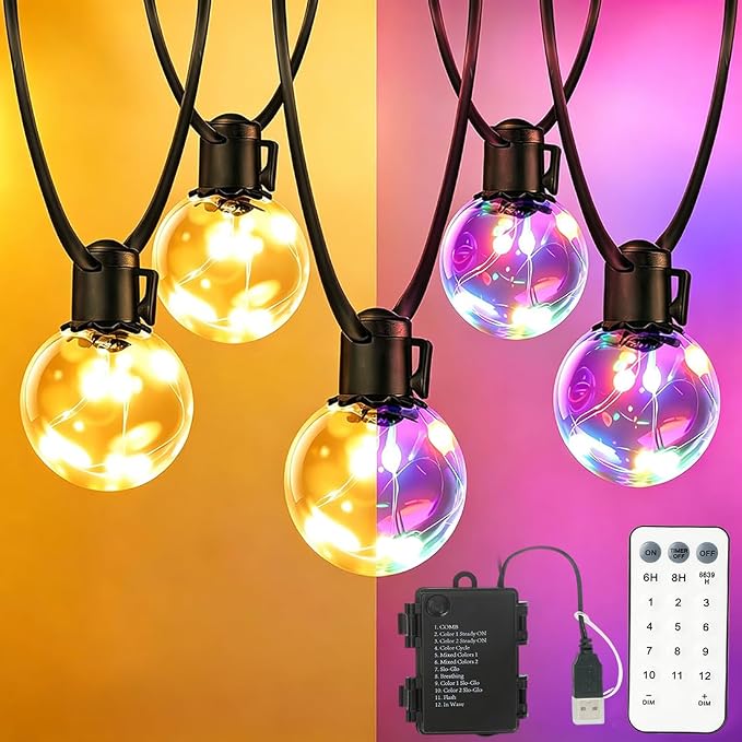 20ft Outdoor String Lights Battery Operated,15 G40 LED Patio Bulbs | Warm White Multicolor Dimmable Remote Timer Waterproof Hanging Globe Bulb Shatterproof for Backyard Balcony Christmas Decor
