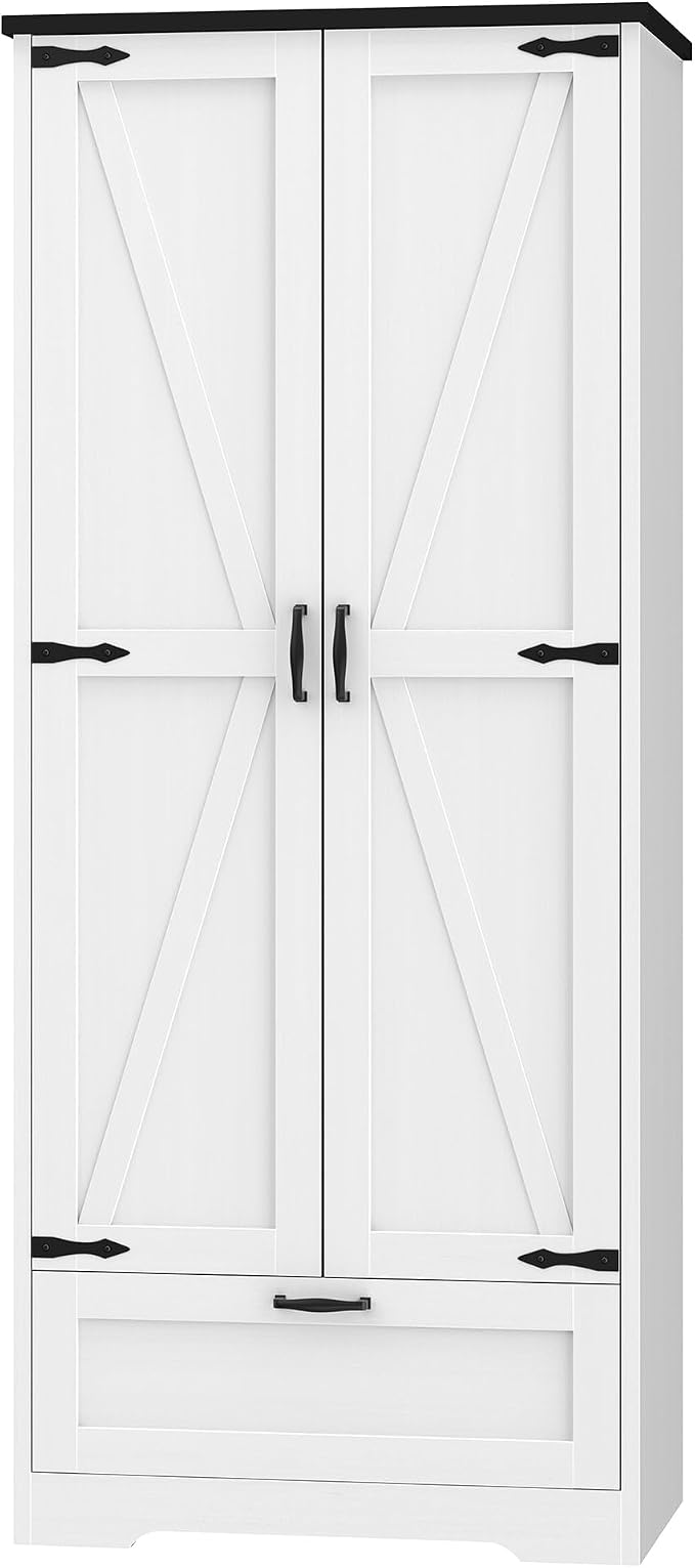 Shintenchi Kitchen Pantry Cabinet, Freestanding Farmhouse Storage Cabinet with 4 Shelves and 1 Drawer, Tall Cupboard for Kitchen, Living Room, Dining Room and Bathroom, White