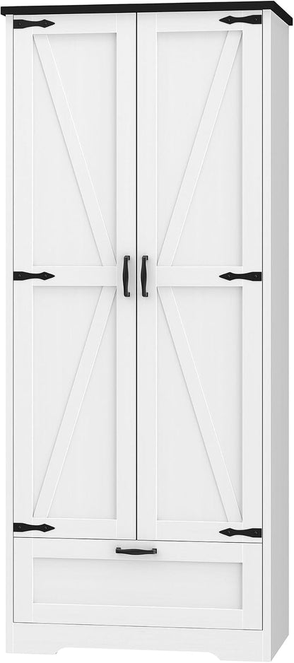 Shintenchi Kitchen Pantry Cabinet, Freestanding Farmhouse Storage Cabinet with 4 Shelves and 1 Drawer, Tall Cupboard for Kitchen, Living Room, Dining Room and Bathroom, White