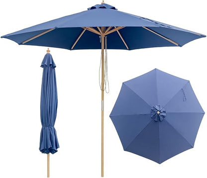 9FT/10FT Wood Patio Umbrella, Large Outdoor Table Pool Umbrella | 205G Olefin/180G Polyester Fabric, Push-Pull Operation Market Umbrella, 8 Rib Vented Canopy, Ideal for Patio, Backyard
