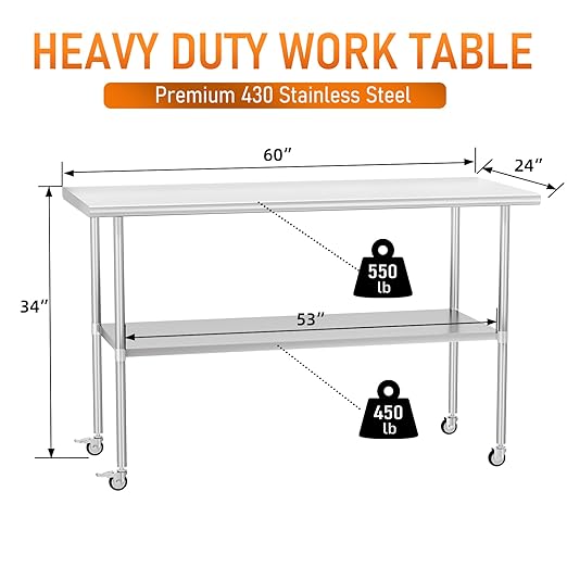 Stainless Steel Table with Wheels 24" x 60" Utility Worktable with Adjustable Undershelf for Commercial Kitchen, Garage, Restaurant