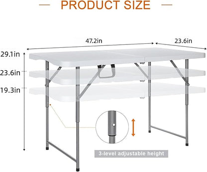 FoldingTable 4 Foot Portable Heavy Duty Plastic Table and Adjustable Height Folding with Carrying Handle,Indoor Outdoor with Kids Table, Picnic,Party,Camping White