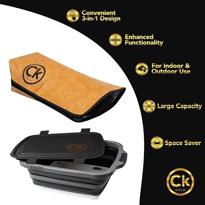New Extra LARGE Collapsible BBQ Prep Tub with LOCKING LID & Meat Resting Bag - BPA Free Cutting Board with Lid, Leak Free, Strong Drain Hole for Meal Prep, Marinating, Grilling & Food Storage (Black)