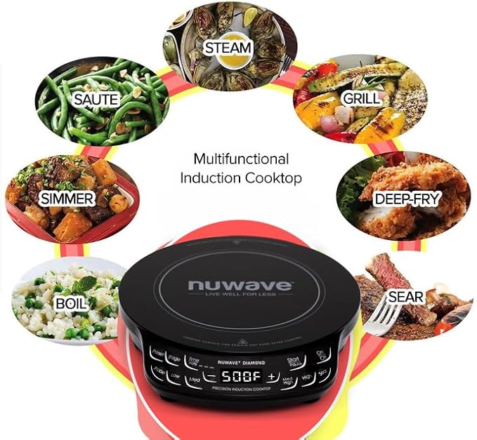 Nuwave Diamond Induction Cooktop, New & Improved Electric Burner with Probe, 91 Temps 50°F to 500°F, 6.5” Heating Coil, Shatter-Proof Ceramic Glass, 3 Wattage Settings, Ideal for Dorms, RVs & Apts