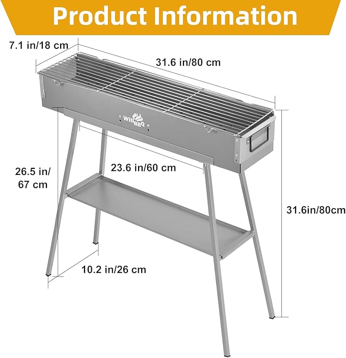 WILLBBQ Charcoal Grill for Tailgate Patio Beach Backyard, Alloy Steel BBQ Barbecue Outdoor Grilling with Durable Support Frame and Dual Adjustable Vents (31.6x7.1x5.1 inch With Accessories)