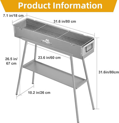 WILLBBQ Charcoal Grill for Tailgate Patio Beach Backyard, Alloy Steel BBQ Barbecue Outdoor Grilling with Durable Support Frame and Dual Adjustable Vents (31.6x7.1x5.1 inch With Accessories)