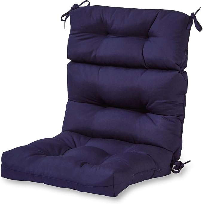 Outdoor Tufted High-Back Chair Cushions, One-Piece Hinged Seat and Back Design, Reversible with 4 Ties, Durable Polyester Fabric, Recycled Fiber Fill - Single, Navy