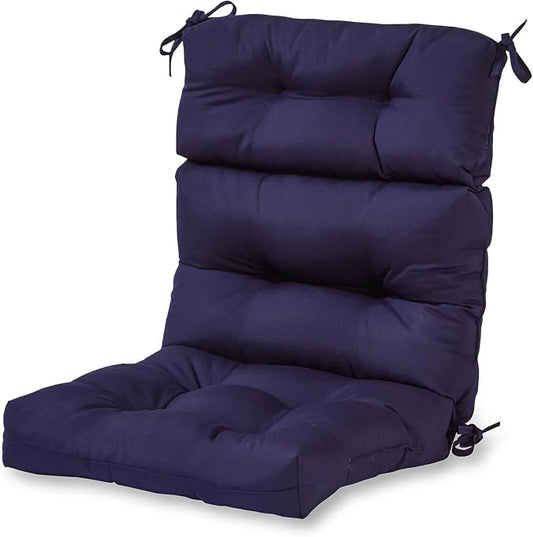 Outdoor Tufted High-Back Chair Cushions, One-Piece Hinged Seat and Back Design, Reversible with 4 Ties, Durable Polyester Fabric, Recycled Fiber Fill - Single, Navy