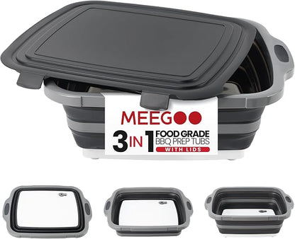 BBQ Prep Tub,8L Foldable Cutting Board with Locking Lid for Camp, Black | Collapsible Meat Tray, Deep Capacity, Mess-Control Rim, For Backyard Chefs, Tailgate Prep, Camps, Family Outdoor Cookouts