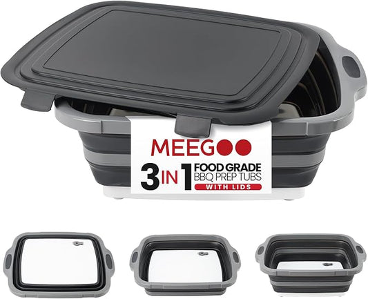 BBQ Prep Tub,8L Foldable Cutting Board with Locking Lid for Camp, Black | Collapsible Meat Tray, Deep Capacity, Mess-Control Rim, For Backyard Chefs, Tailgate Prep, Camps, Family Outdoor Cookouts