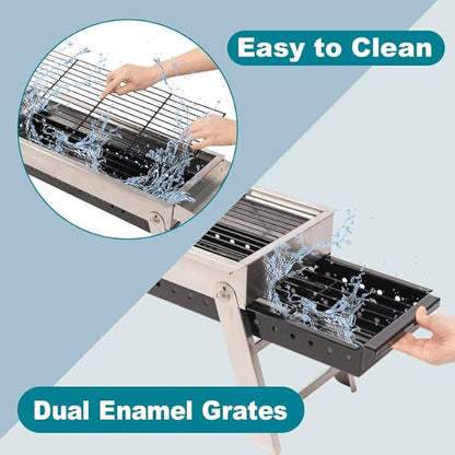 Charcoal Grill, Foldable Portable Camping Charcoal Grill, Stainless Steel BBQ Grill with Ceramic Grate, 2-in-1 Side Tables & Pull-Out Ash Pan Outdoor & Backyard Grill for Patio Cooking Char-gril252