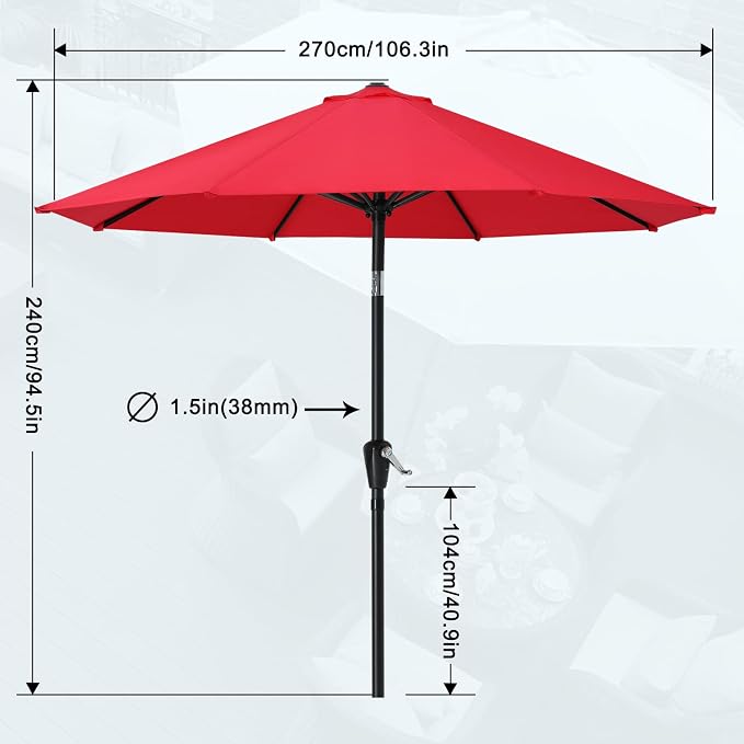 MASTERCANOPY 9ft Patio Umbrella with Tilt & Crank, Red | 8 sturdy ribs;UV/water resistant;Vent;easy setup;for garden/deck/backyard/pool