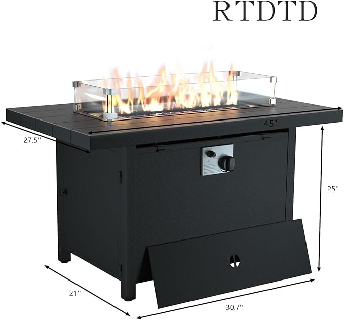 45" Propane Fire Pit Table,55000 BTU Aluminum Firepit,Outdoor Fire Pit with Fire Glass,Lid,Waterproof Cover and Blue Glass Stone for Backyard,Garden,Patio