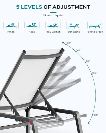 Ciokea Aluminum Foldable Lounge Chairs Set of 2 with 1 Outdoor Aluminum Side Table ，Perfect Match ，Suitable for Courtyard, Balcony, Lawn and Other Scenes，White