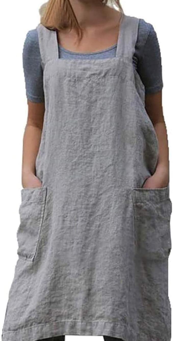 TBA Cotton Linen Apron Cross Back Apron for Women with Big Pockets Square Pinafore Dress for Baking Cooking BBQ & Grill