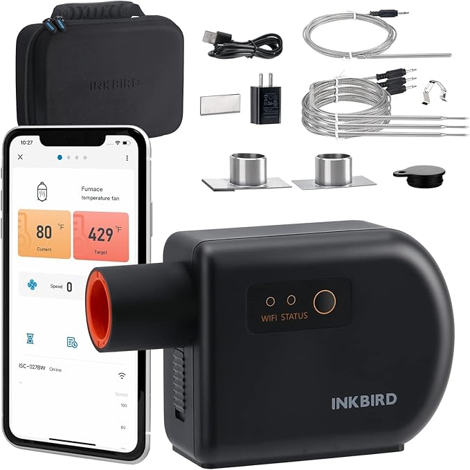 Wi-Fi & Bluetooth BBQ Smoker Temperature Controller with Automatic Smoker Fan, INKBIRD ISC-027BW Grill Thermometer with 4 Probes for Big Green Egg, Kamado Joe, Primo, Vision Grill, Akorn Kamado, Weber